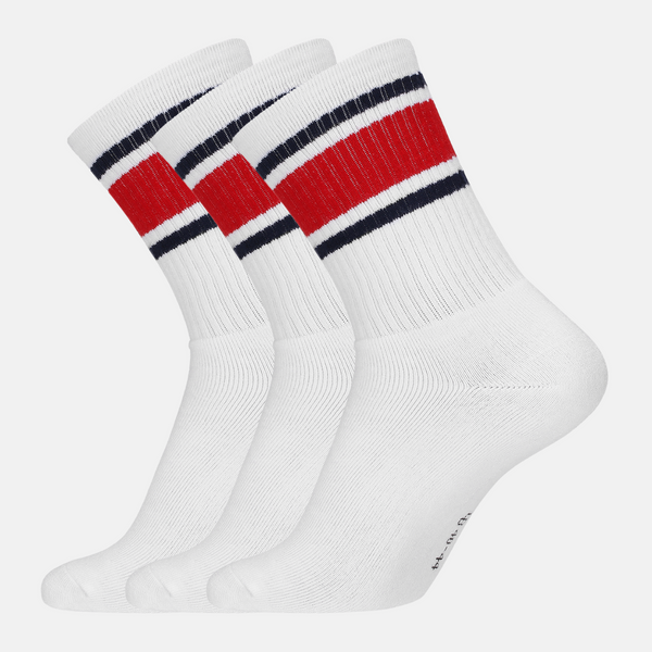 3 Paar weiße Tennissocken aus Bambus mit rot/blauen Streifen und langer Rippe