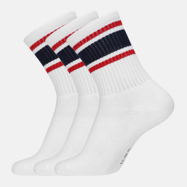 3 Paar weiße Tennissocken aus Bambus mit blau/roten Streifen und langer Rippe
