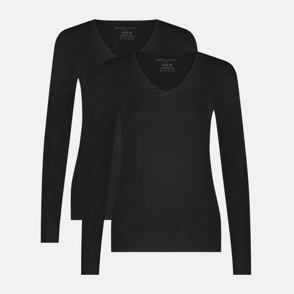 Liv Bambus V-Ausschnitt Langarm-T-Shirt - schwarz 2er Pack