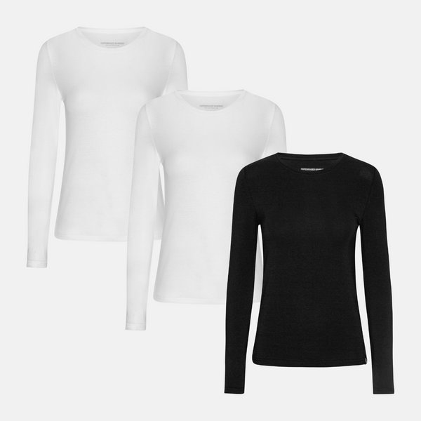 3er-Pack Langarm-Bambus-T-Shirt weiß/weiß/schwarz