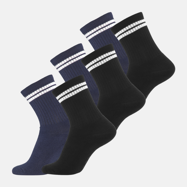 6 Paar Bambus-Tennissocken schwarz mit weißen Streifen/navy mit weißen Streifen