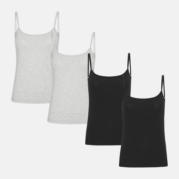 4er Pack Bambus Tops mit dünnen Trägern schwarz/grau
