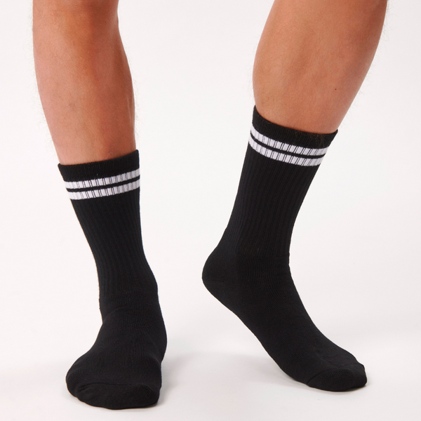 6 Paar Bambus-Tennissocken schwarz mit weißen Streifen/navy mit weißen Streifen