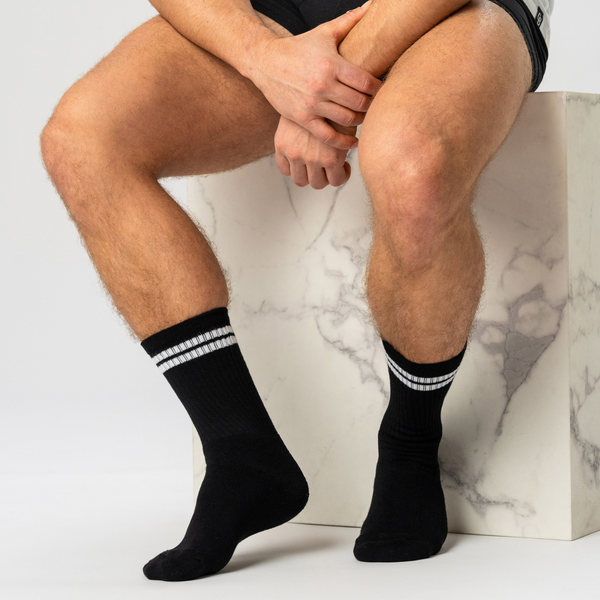 6 Paar Bambus-Tennissocken schwarz mit weißen Streifen/navy mit weißen Streifen