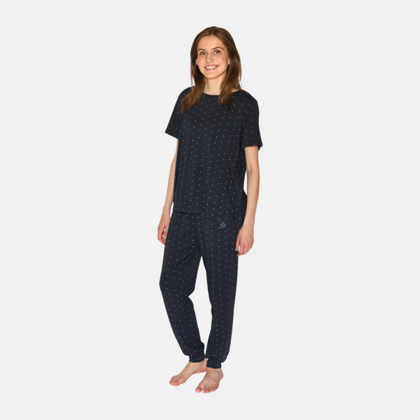 Bea Kurzarm-Bambus-T-Shirt navy mit Tupfen