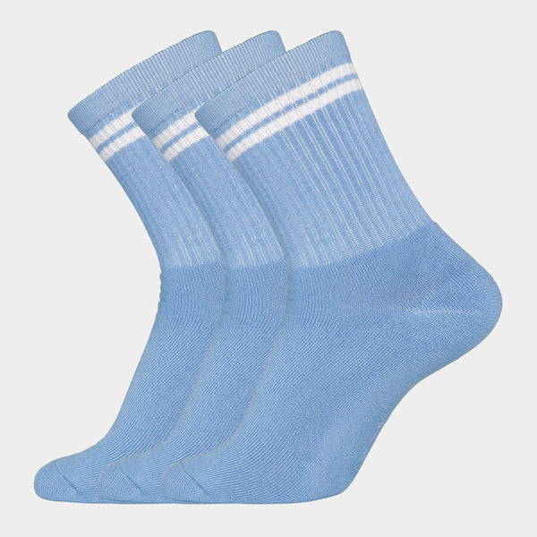3 Paar hellblaue Tennissocken aus Bambus mit weißen Streifen