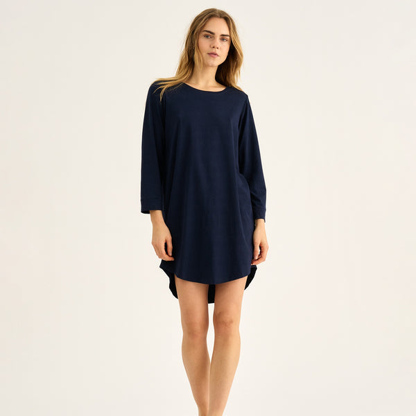 Blaues langärmeliges T-Shirt-Kleid aus Bambus