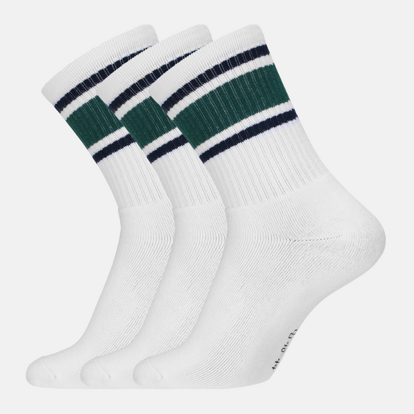3 Paar weiße Tennissocken aus Bambus mit grün/blauen Streifen und langer Rippe