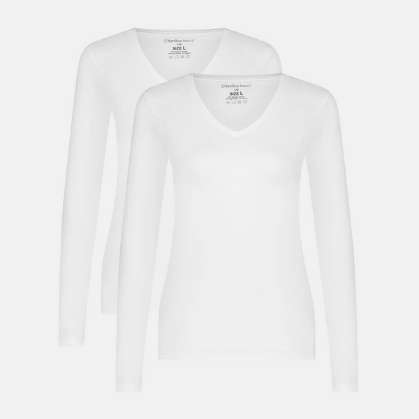 Liv Bambus V-Ausschnitt Langarm-T-Shirt - weiß 2er Pack