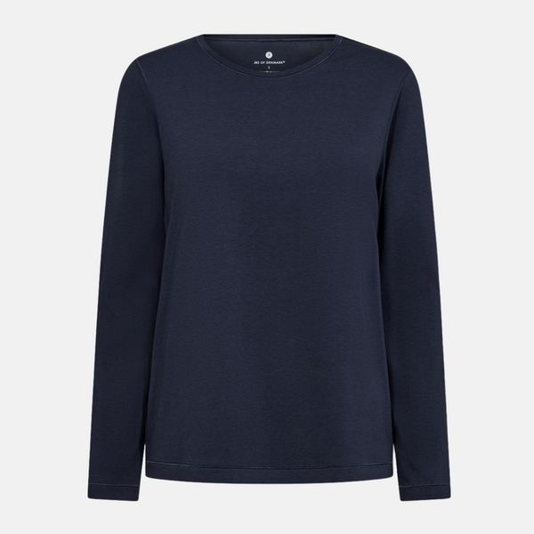 Marineblaues langärmeliges Bambus-T-Shirt mit Rundhalsausschnitt