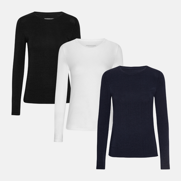 3er-Pack Langarm-Bambus-T-Shirt schwarz/weiß/marine