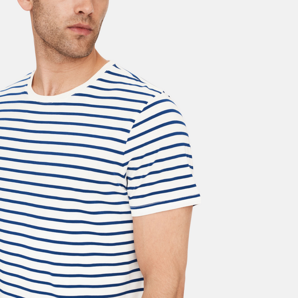 Marineblau/weiß gestreiftes Bambus-T-Shirt mit Rundhalsausschnitt
