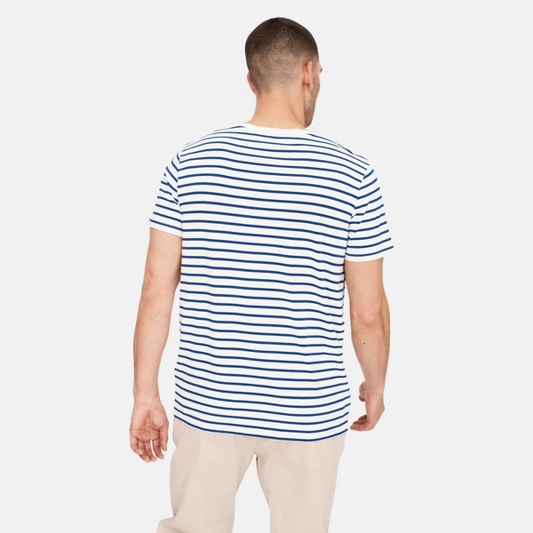 Marineblau/weiß gestreiftes Bambus-T-Shirt mit Rundhalsausschnitt