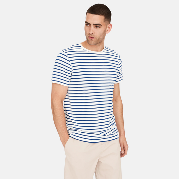 Marineblau/weiß gestreiftes Bambus-T-Shirt mit Rundhalsausschnitt