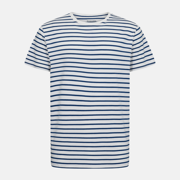 Marineblau/weiß gestreiftes Bambus-T-Shirt mit Rundhalsausschnitt