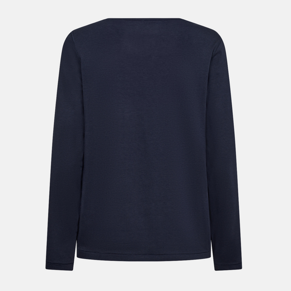 Marineblaues langärmeliges Bambus-T-Shirt mit Rundhalsausschnitt