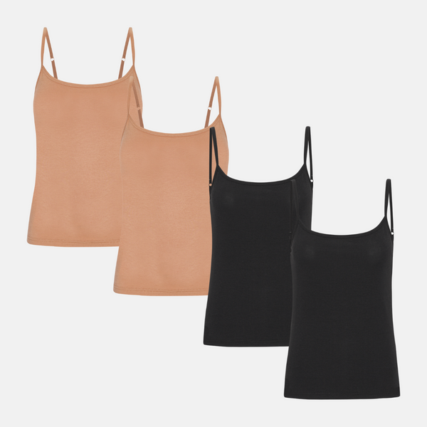 4er Pack Bambus Tops mit dünnen Trägern schwarz/braun