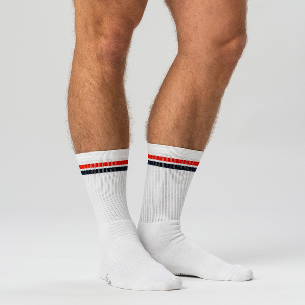 3 Paar weiße Tennissocken aus Bambus mit rot/blauen Streifen