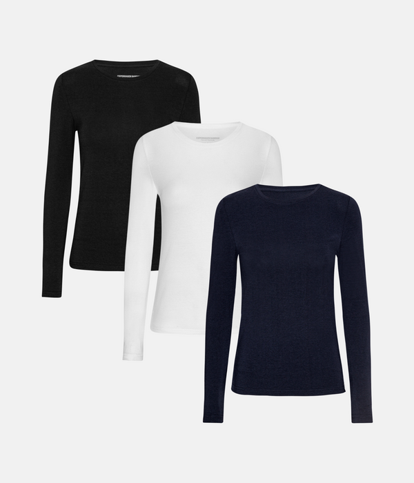 3er-Pack Bambus-Langarm-T-Shirt schwarz/weiß/marine