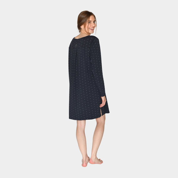 Bea long-sleeved bamboo nightgown navy with dots