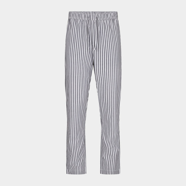 White bamboo pajama pants with wide gray stripes