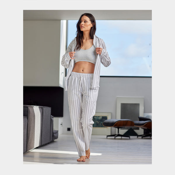 White bamboo shirt with narrow gray stripes