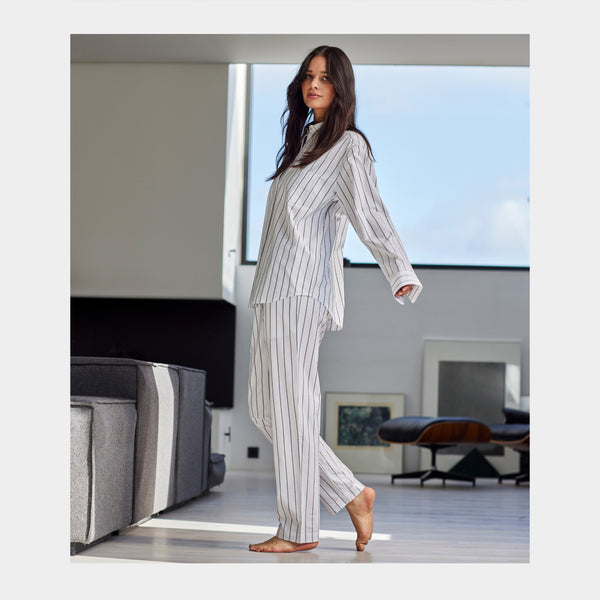 White bamboo shirt with narrow gray stripes
