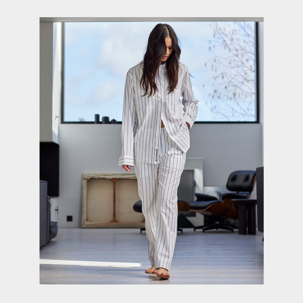 White bamboo shirt with narrow gray stripes