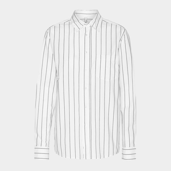 White bamboo shirt with narrow gray stripes
