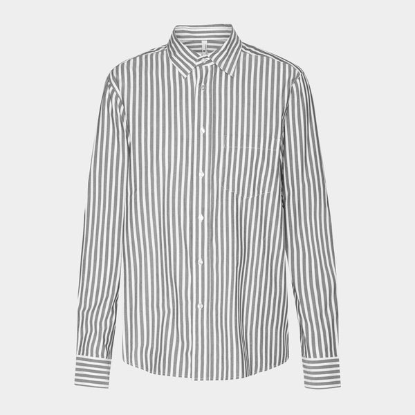 Bamboo shirt with wide white and gray stripes