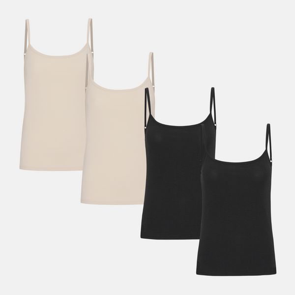 4er Pack Bambus Tops mit dünnen Trägern schwarz/creme
