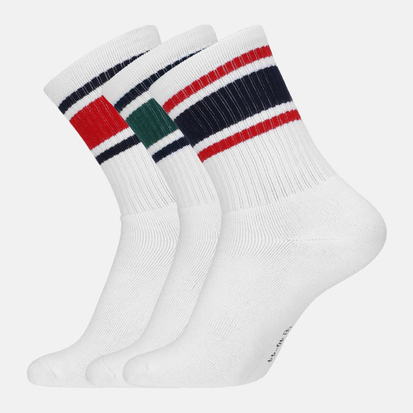 3 Paar weiße Tennissocken aus Bambus mit grün/blauen Streifen und langer Rippe