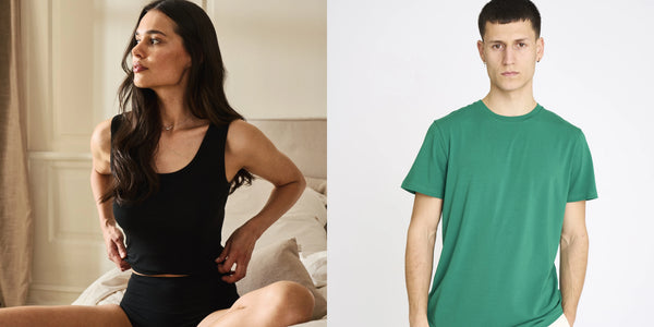 Frau im schwarzen Bambus-Tanktop und Mann im grünen Bambus-T-Shirt – Black Month