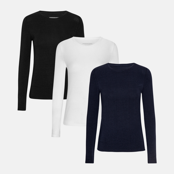 3er-Pack Bambus-Langarm-T-Shirt schwarz/weiß/marine